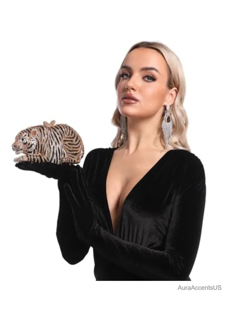 Sparkling Crystal Tiger Clutch Evening Bag Formal Rhinestone Bridal Purse Faux